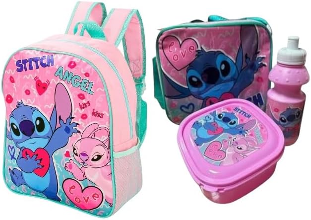 Kids Character Backpack Set – Standard & Deluxe 4-Piece School Set with Backpack, Lunch Bag, Water Bottle & Snack Container – Lightweight, Durable, Perfect for School (Standard Stitch Angel)
