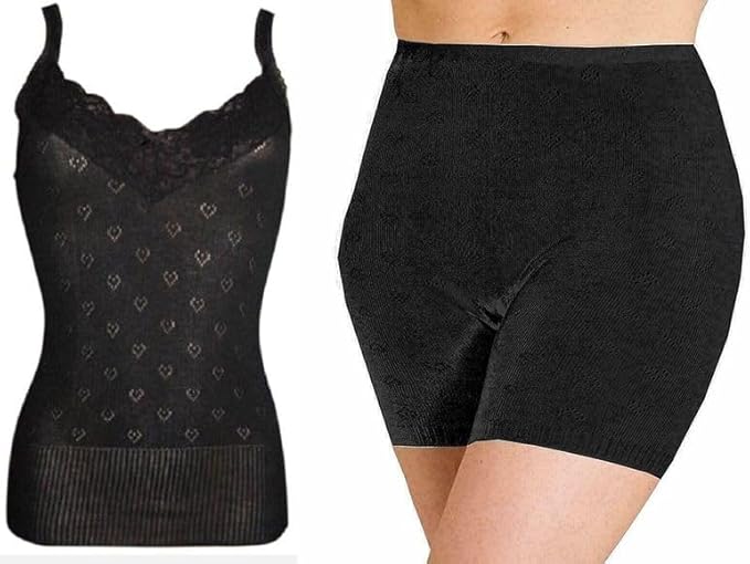 Women’s Thermal 2-Piece Set French Neck Spencer Vest (Round Neck &V-Neck) with Pantee or Long John Bottoms Soft, Warm Winter Black & White