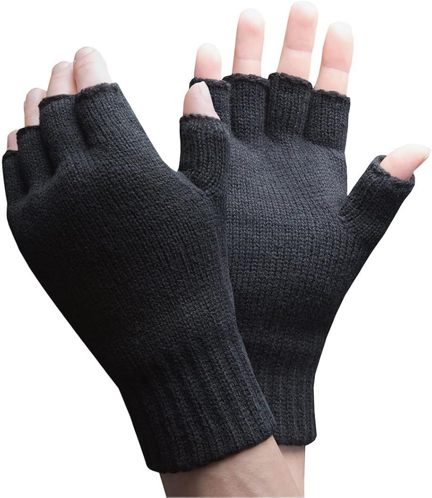 Men’s Thermal Fingerless Gloves – Black Acrylic Spandex Stretch Winter Gloves – One Size Pull-On (Handy Style)