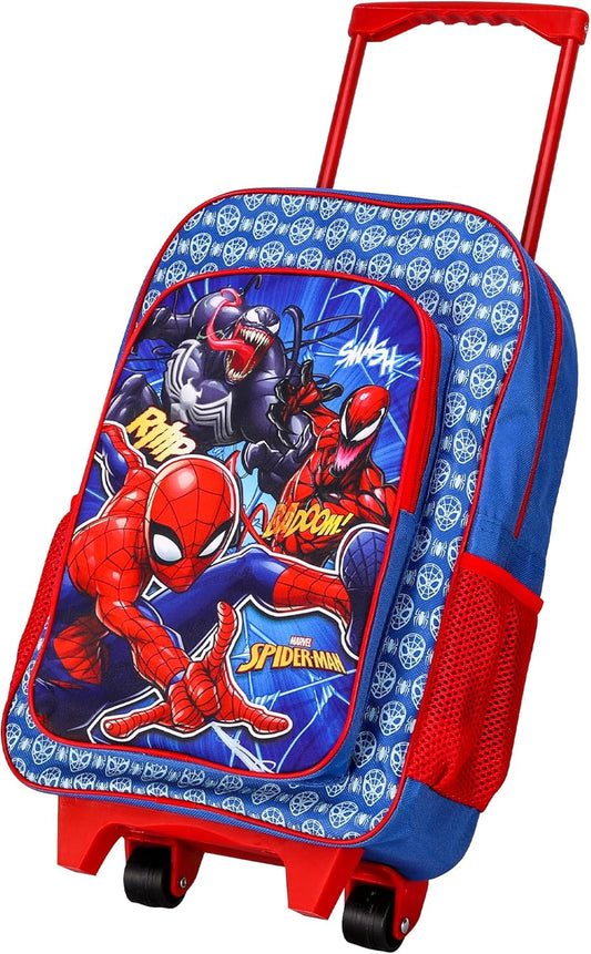 Spiderman Deluxe Trolley Backpack Childrens Travel Bag Kids Character Luggage Carrier Suitcase with Side Mesh Pockets Marvel Spider-Man