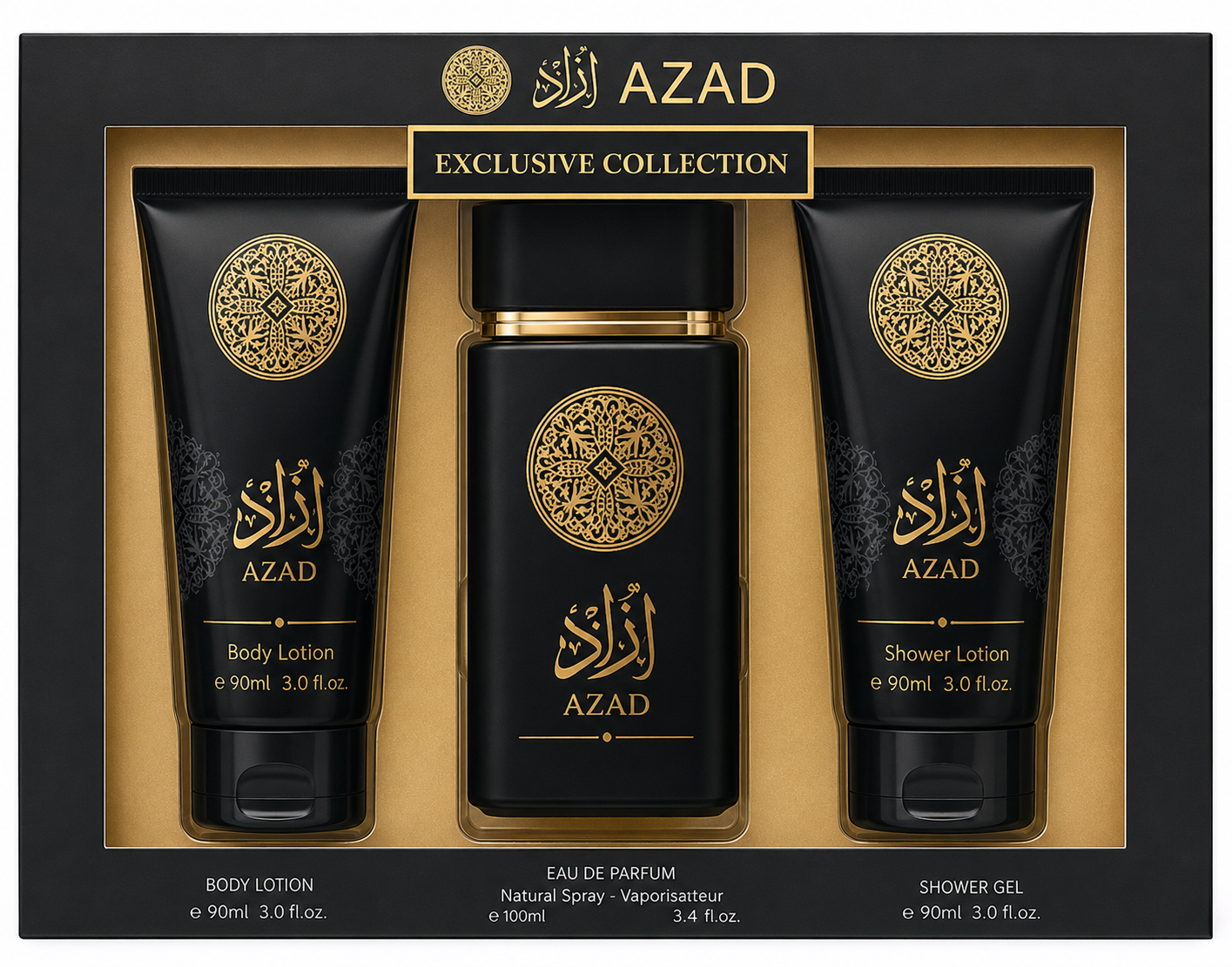 AZAD BLACK Men’s Luxury 3-Piece Arabic Perfume Set – Eau de Parfum, Body Spray & Hair Perfume | Long-Lasting Masculine Scent | Premium Black Gift Box | Perfect for Occasions