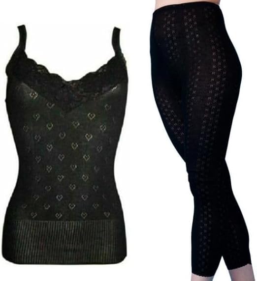 Women’s Thermal 2-Piece Set French Neck Spencer Vest (Round Neck &V-Neck) with Pantee or Long John Bottoms Soft, Warm Winter Black & White