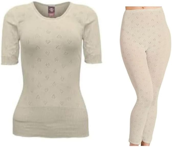 Women’s Snowdrop Thermal Set – Short Sleeve Round Neck Vest & Long Johns | Soft Cotton Blend Base Layer | Available in Black, White & Cream