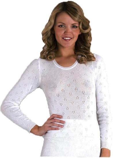 Ladies White Snowdrop Thermals – Long Sleeve French Neck Spencer Vest – Soft Cotton Blend Thermal Underwear Top – Size XS