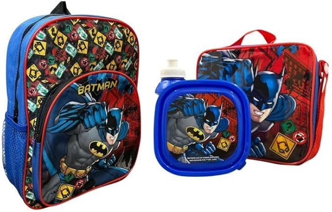 Kids 4-Piece Character School Set – Backpack, Lunch Bag, Drinks Bottle & Sandwich Box | Durable, Colourful & Perfect for School (Deluxe Batman)