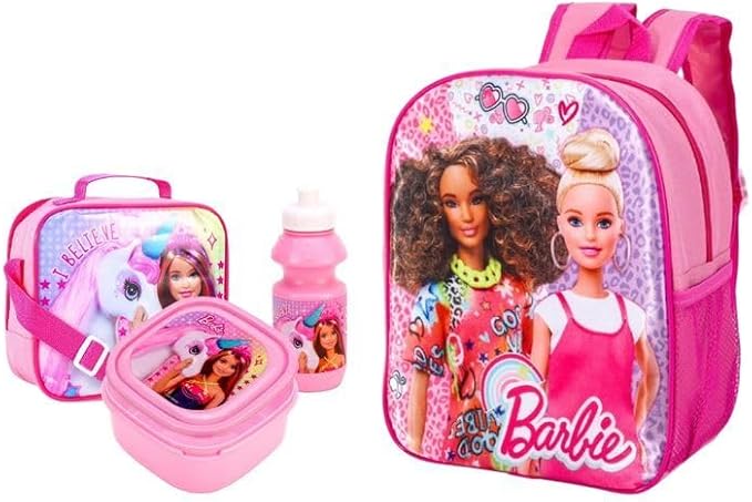 Kids 4-Piece Character School Set – Standard Backpack, Lunch Bag, Water Bottle & Sandwich Box | Fun, Durable & Ready for School Adventures (Barbie & Christie)