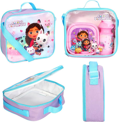 Gabbys Dollhouse Insulated 3 Piece Lunch Bag, Sandwich Box & Bottle Set for School & Travel 3pc Set