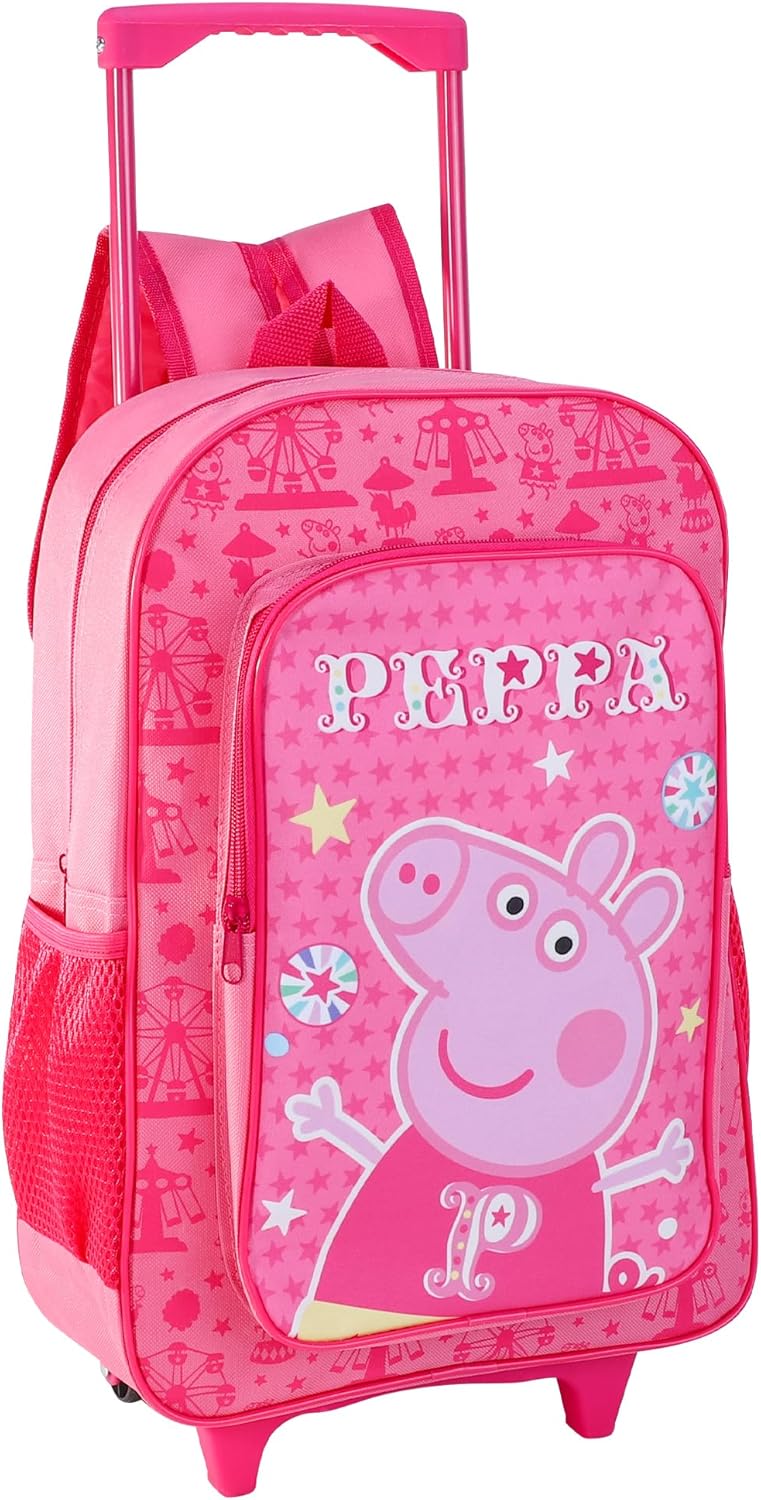 P Pig Deluxe Kids Trolley Backpack – Wheeled Rolling Bag with Extendable Handle – Lightweight Travel Luggage for Girls – School or Holiday Use