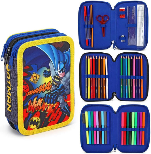 Kids Official Cartoon & Movie Character 3 Tier Large Full Stationery School Supplies Set - Multi Compartment Pens, Pencils, Markers with Case - Bman case