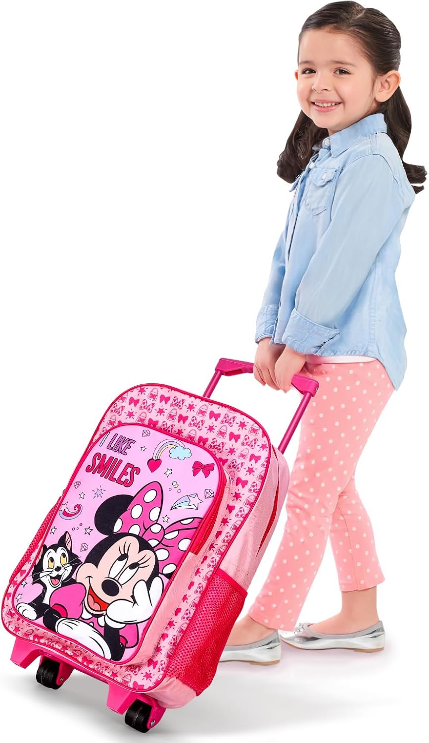 Minnie Mouse Deluxe Trolley Backpack Childrens Travel Bag Kids Character Luggage Carrier Suitcase with Side Mesh Pockets