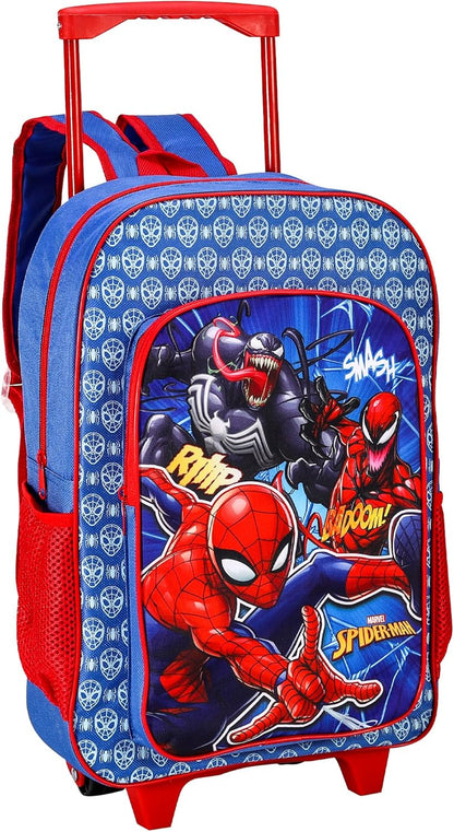 Spiderman Deluxe Trolley Backpack Childrens Travel Bag Kids Character Luggage Carrier Suitcase with Side Mesh Pockets Marvel Spider-Man