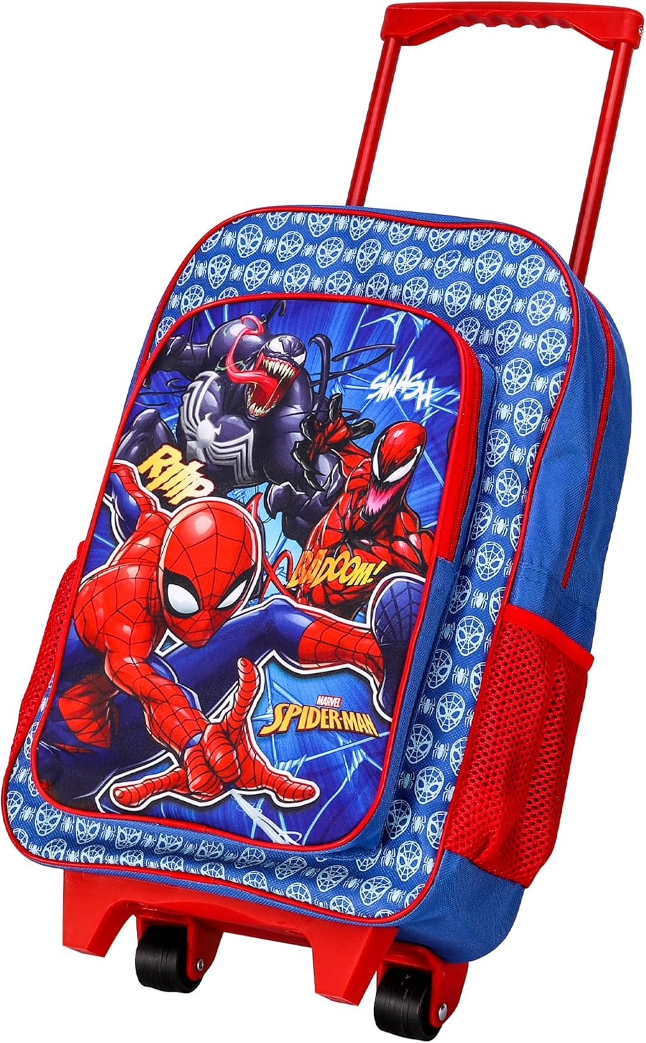 Spiderman Deluxe Trolley Backpack Childrens Travel Bag Kids Character Luggage Carrier Suitcase with Side Mesh Pockets Marvel Spider-Man