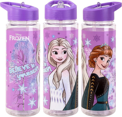 Diseny Frozen 650ml Kids Water Bottles with Straw, Back to School Supplies Girls Water Bottle - Frozen Water Bottle For Girls Featuring Elsa and Anna Purple.