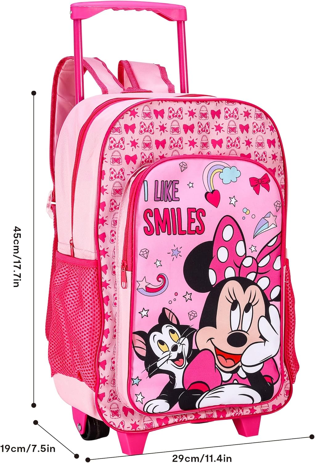 Minnie Mouse Deluxe Trolley Backpack Childrens Travel Bag Kids Character Luggage Carrier Suitcase with Side Mesh Pockets