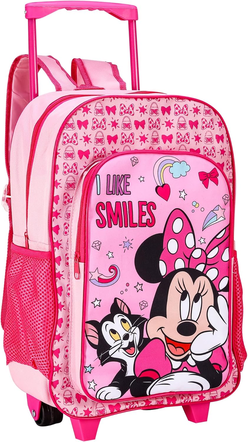 Minnie Mouse Deluxe Trolley Backpack Childrens Travel Bag Kids Character Luggage Carrier Suitcase with Side Mesh Pockets