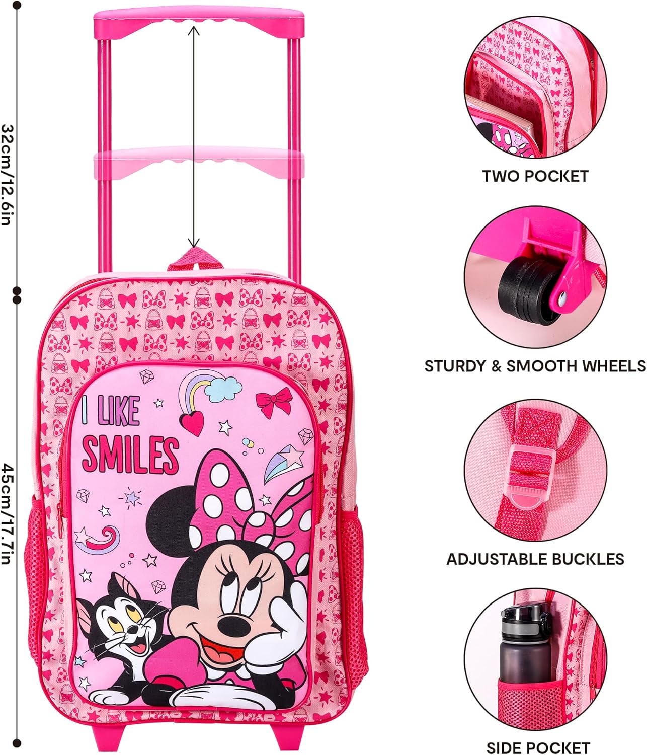 Minnie Mouse Deluxe Trolley Backpack Childrens Travel Bag Kids Character Luggage Carrier Suitcase with Side Mesh Pockets