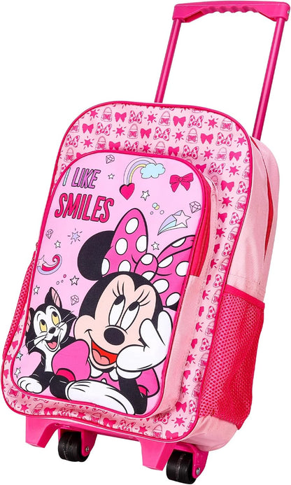 Minnie Mouse Deluxe Trolley Backpack Childrens Travel Bag Kids Character Luggage Carrier Suitcase with Side Mesh Pockets