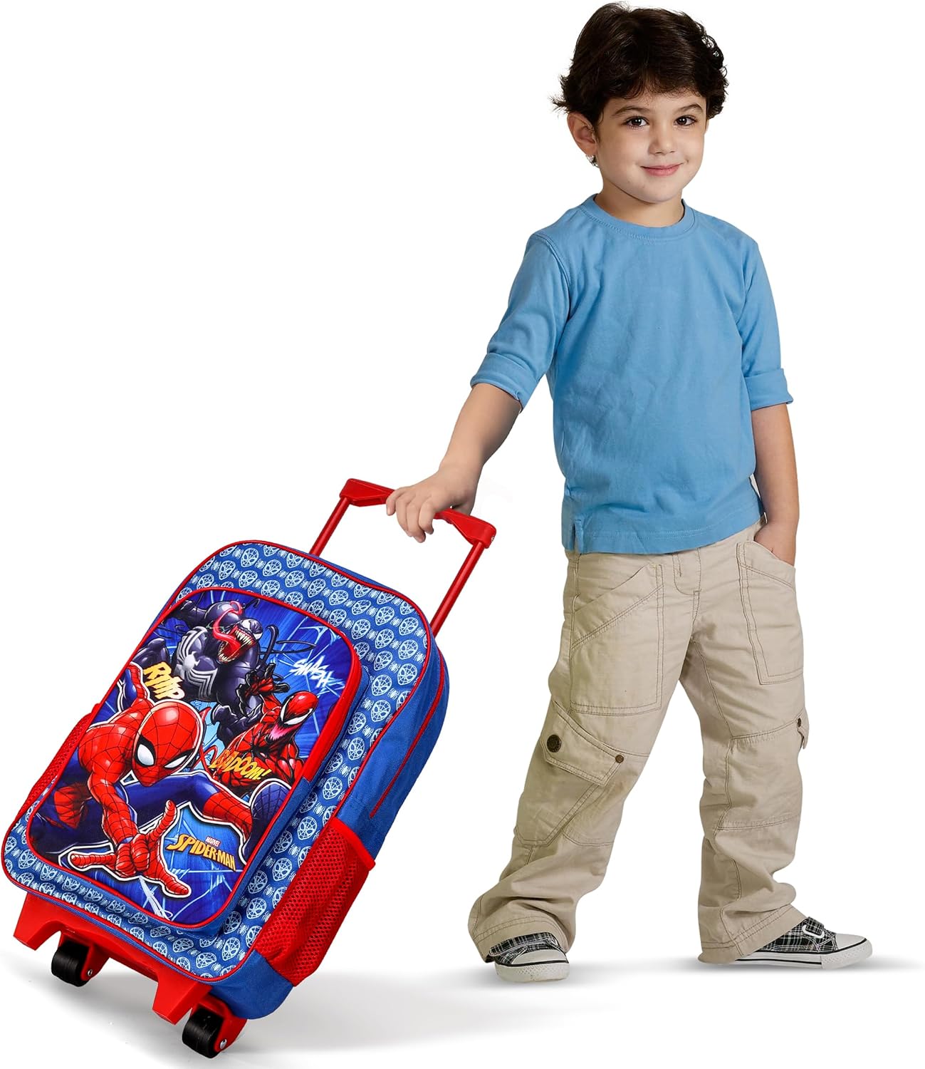 Spiderman Deluxe Trolley Backpack Childrens Travel Bag Kids Character Luggage Carrier Suitcase with Side Mesh Pockets Marvel Spider-Man