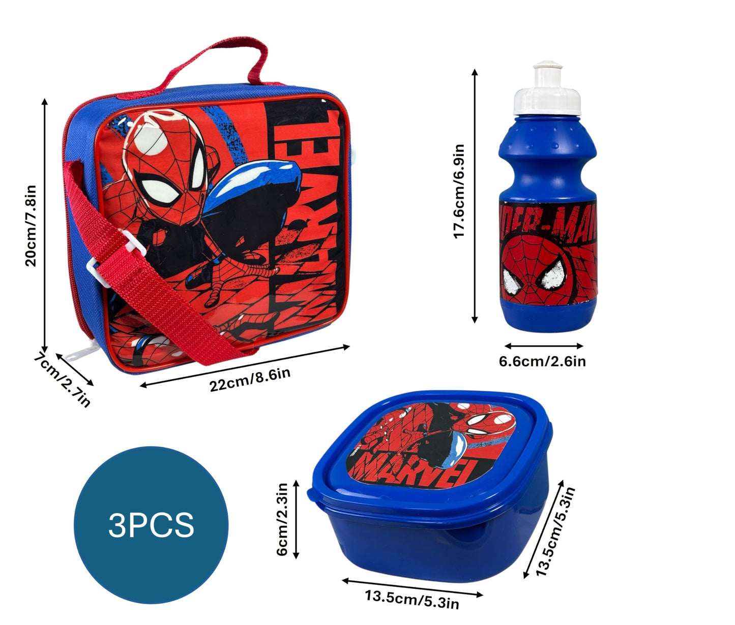 Kids Character 3-Piece Lunch Box Set – Insulated Bag, BPA-Free Water Bottle & Snack Box – Durable & Easy to Clean – Ideal for School, Travel & Daycare (Fun Themes for Boys & Girls) (S-Man)