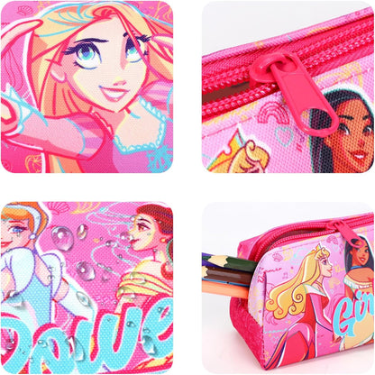 Disney Princess Kids Pencil Case – Pink Zipped Stationery Holder for Girls – Cinderella, Belle, Aurora & Tiana School Pen Bag – Back to School Essential