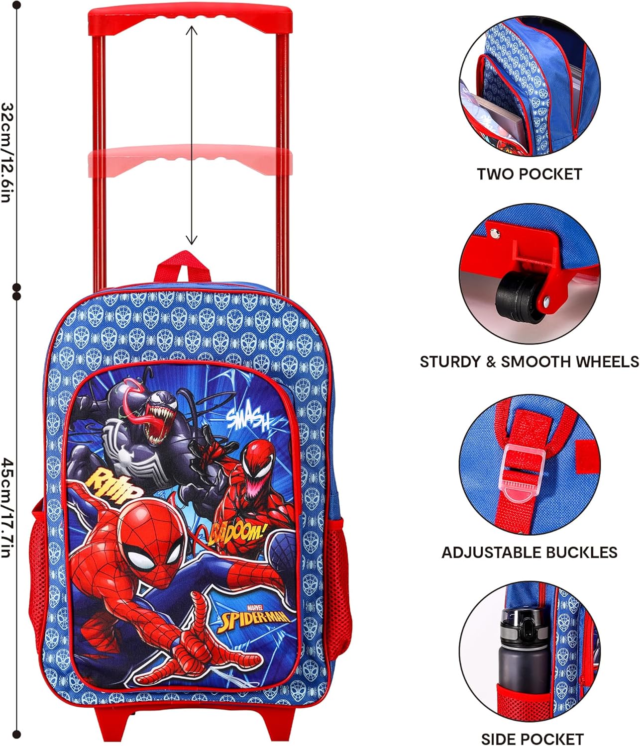 Spiderman Deluxe Trolley Backpack Childrens Travel Bag Kids Character Luggage Carrier Suitcase with Side Mesh Pockets Marvel Spider-Man