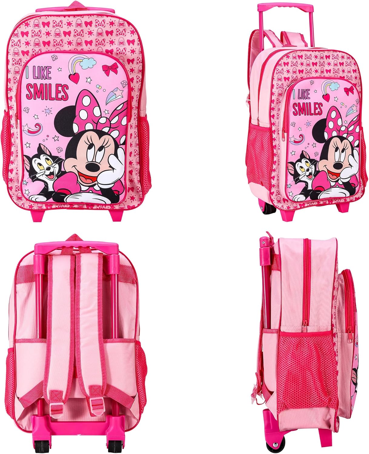 Minnie Mouse Deluxe Trolley Backpack Childrens Travel Bag Kids Character Luggage Carrier Suitcase with Side Mesh Pockets