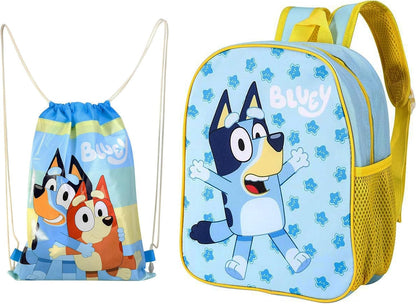 Quickdraw Bluey Backpack & Drawstring P.E Bag - Back To School Carry Bags Set Kids Childrens Travel Bags Bluey Themed - Adjustable Rucksack & Pull String