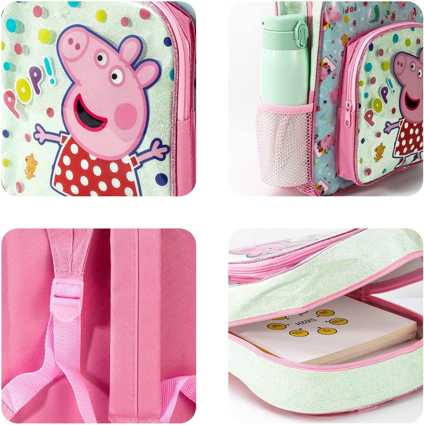 Peppa PIG POP Deluxe Glitter Premium School Backpack Front Pocket Kids Rucksack Bag 588