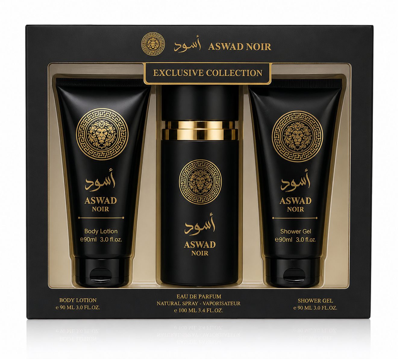 ASWAD NOIR Men’s Luxury Arabic Fragrance Gift Set – 3 Piece Collection (Eau de Parfum, Shower Gel & Body Lotion) – Oud, Amber & Woody Notes – Premium Black Gift Box for Him