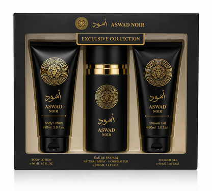 ASWAD NOIR Men’s Luxury Arabic Fragrance Gift Set – 3 Piece Collection (Eau de Parfum, Shower Gel & Body Lotion) – Oud, Amber & Woody Notes – Premium Black Gift Box for Him