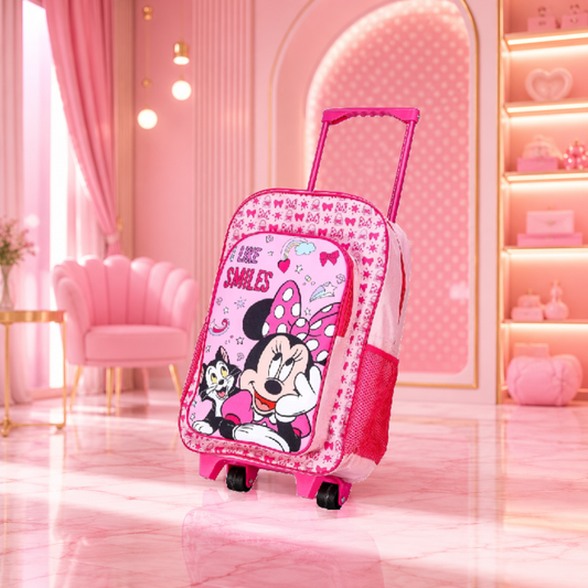 Minnie Mouse Deluxe Trolley Backpack Childrens Travel Bag Kids Character Luggage Carrier Suitcase with Side Mesh Pockets