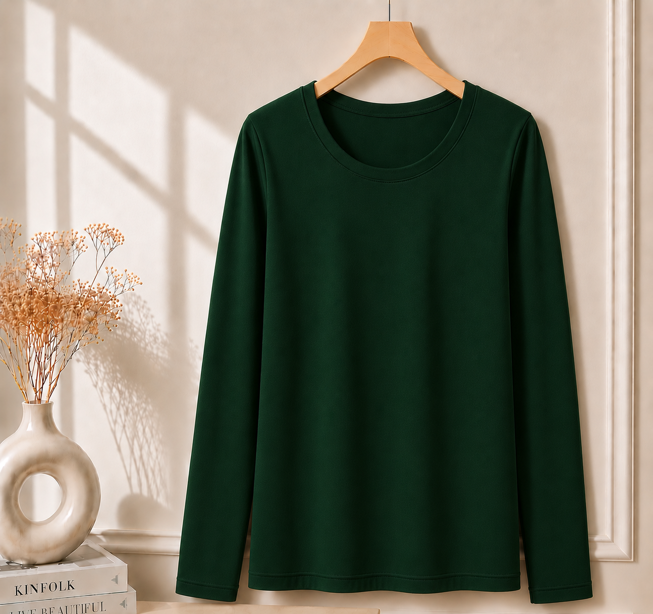 Women’s Long Sleeve T Shirt – Soft Stretch Scoop Neck Fitted Casual Top