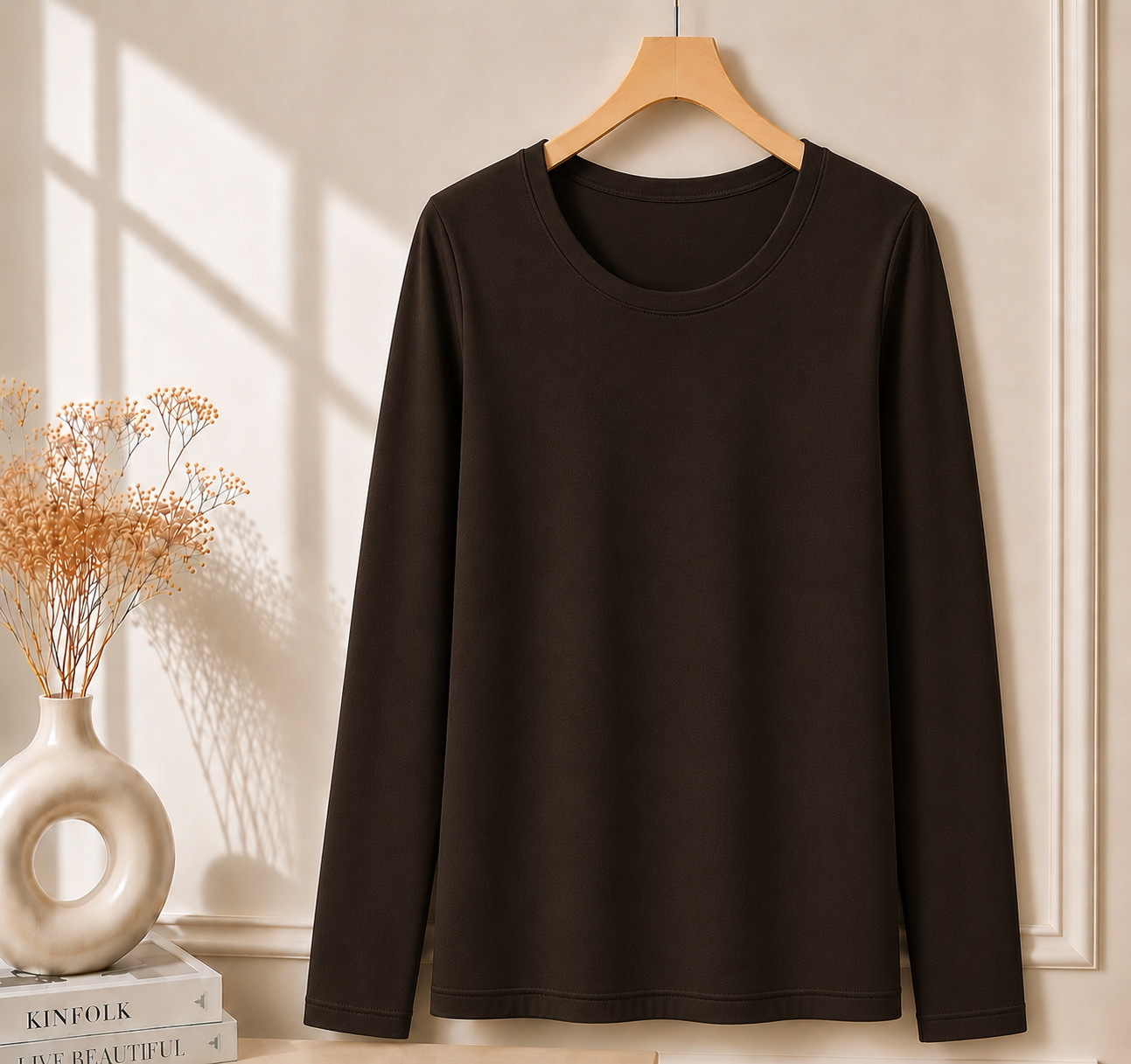 Women’s Long Sleeve T Shirt – Soft Stretch Scoop Neck Fitted Casual Top