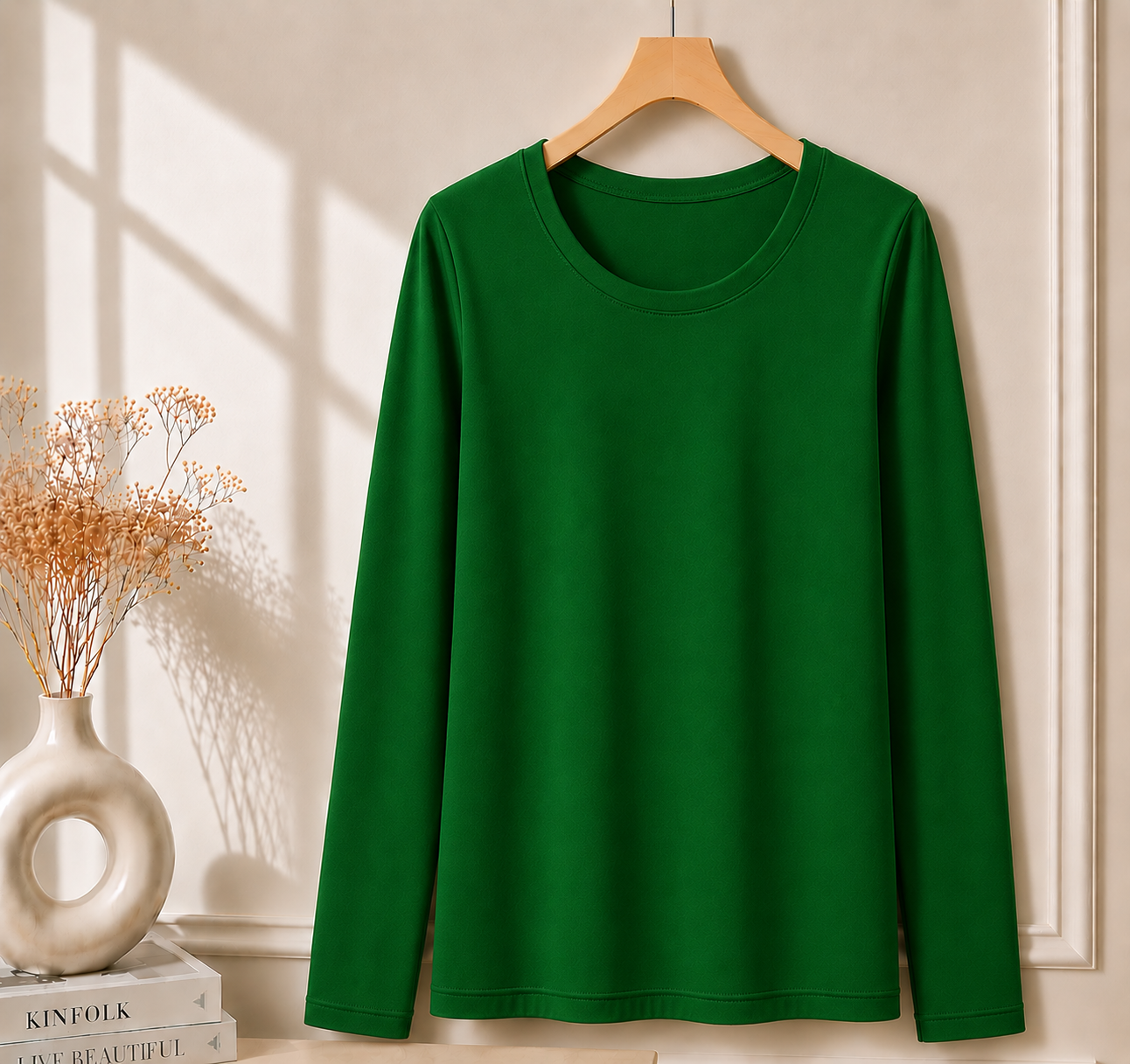 Women’s Long Sleeve T Shirt – Soft Stretch Scoop Neck Fitted Casual Top