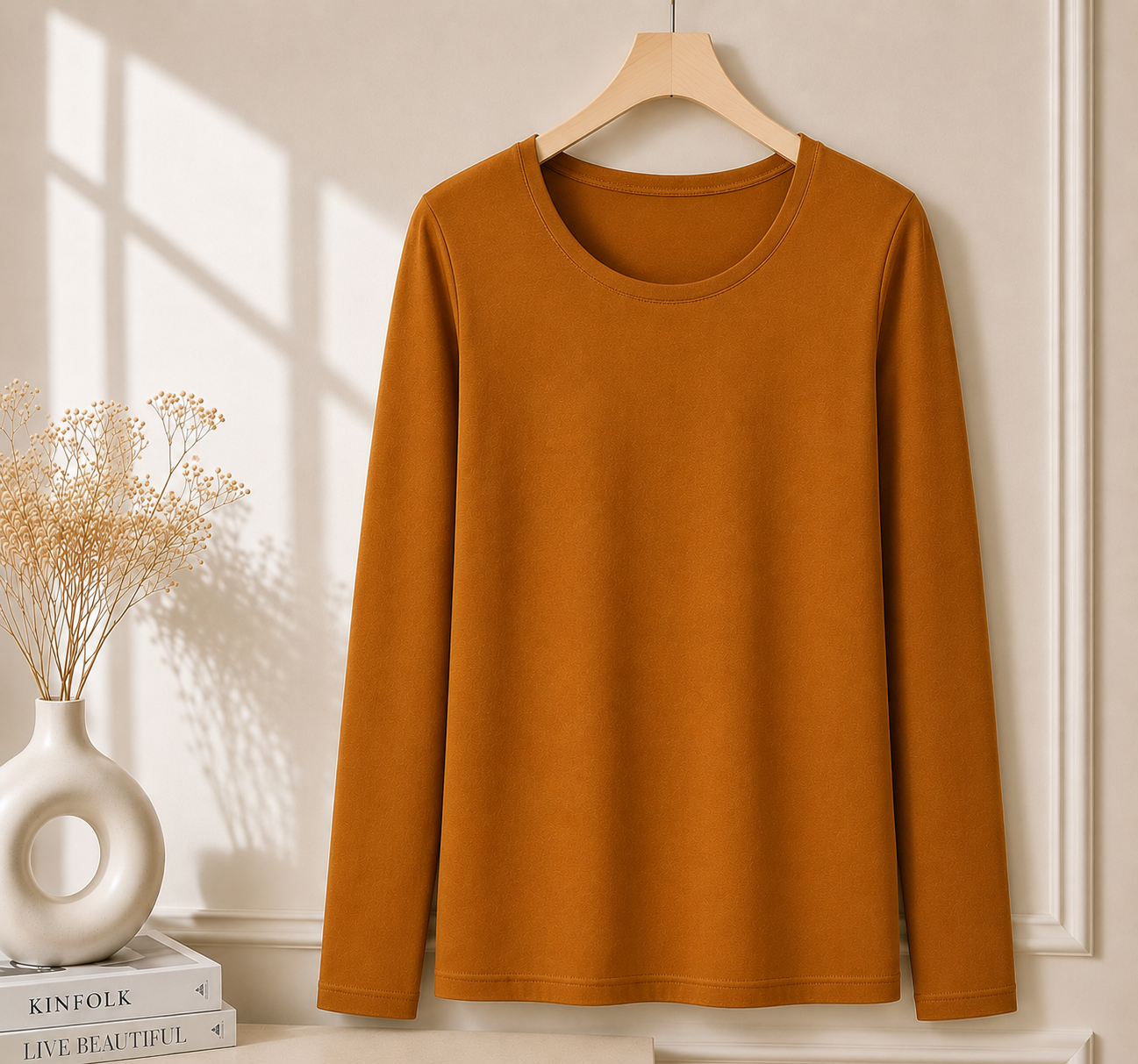 Women’s Long Sleeve T Shirt – Soft Stretch Scoop Neck Fitted Casual Top