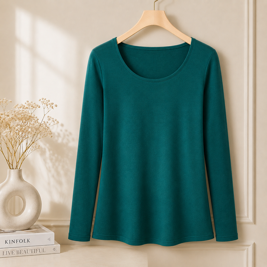 Women’s Long Sleeve T Shirt – Soft Stretch Scoop Neck Fitted Casual Top