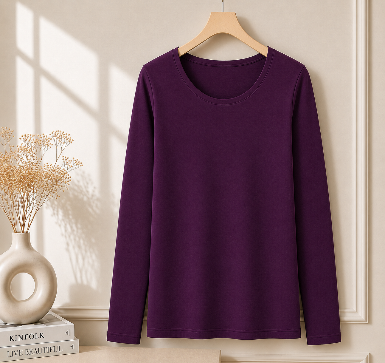 Women’s Long Sleeve T Shirt – Soft Stretch Scoop Neck Fitted Casual Top