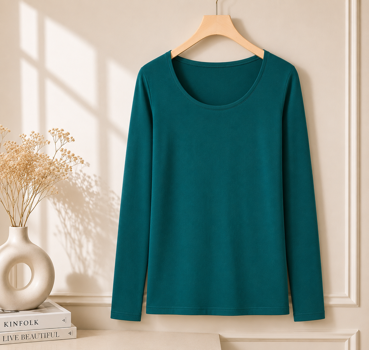 Women’s Long Sleeve T Shirt – Soft Stretch Scoop Neck Fitted Casual Top