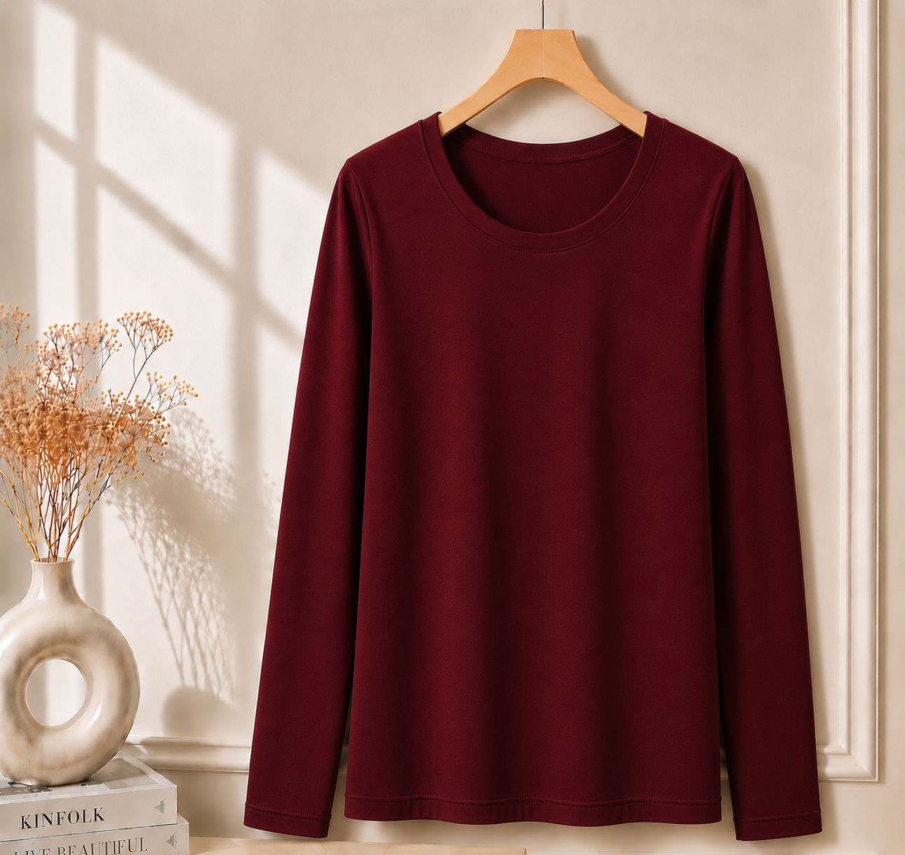 Women’s Long Sleeve T Shirt – Soft Stretch Scoop Neck Fitted Casual Top
