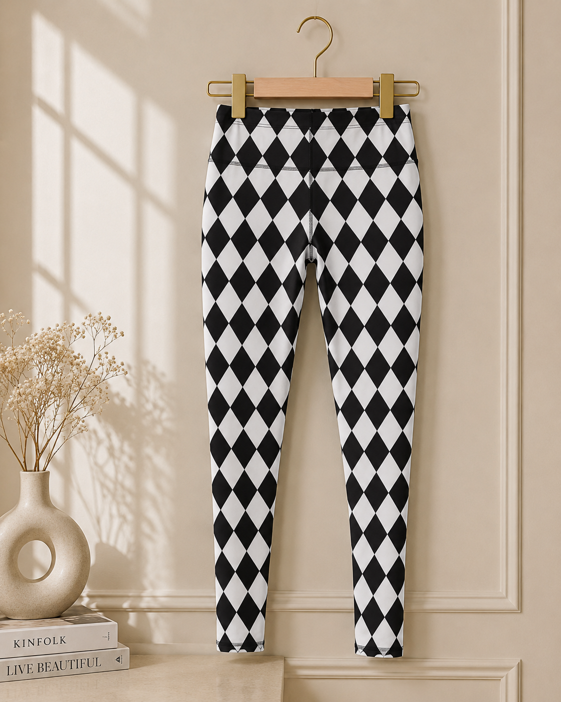 Women’s Black & White Diamond Leggings – High Waist Stretch Skinny Fit Casual Athletic Leggings